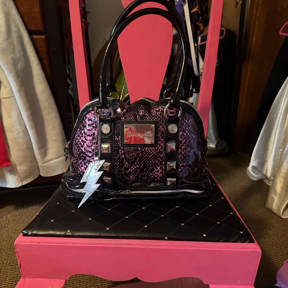 Betsey Johnson Pink and Black Satchel with Lightning Charm